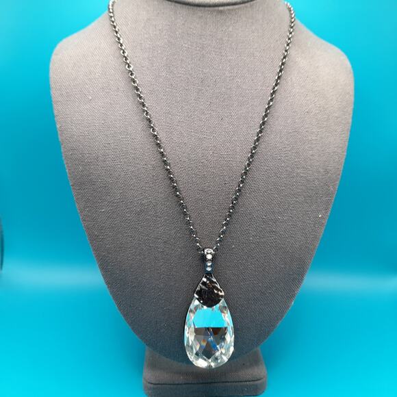 Large Crystal Teardrop Necklace, Long Gunmetal Gray Chain, 42" - Picture 1 of 9